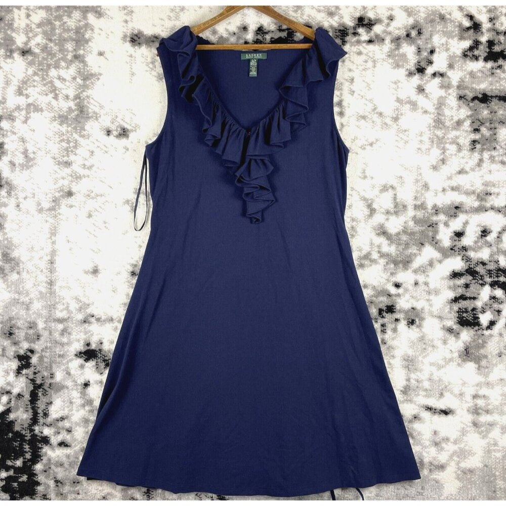 Lauren Ralph Lauren Dress Womens Size Extra Large Blue Ruffle Neck Strech Midi